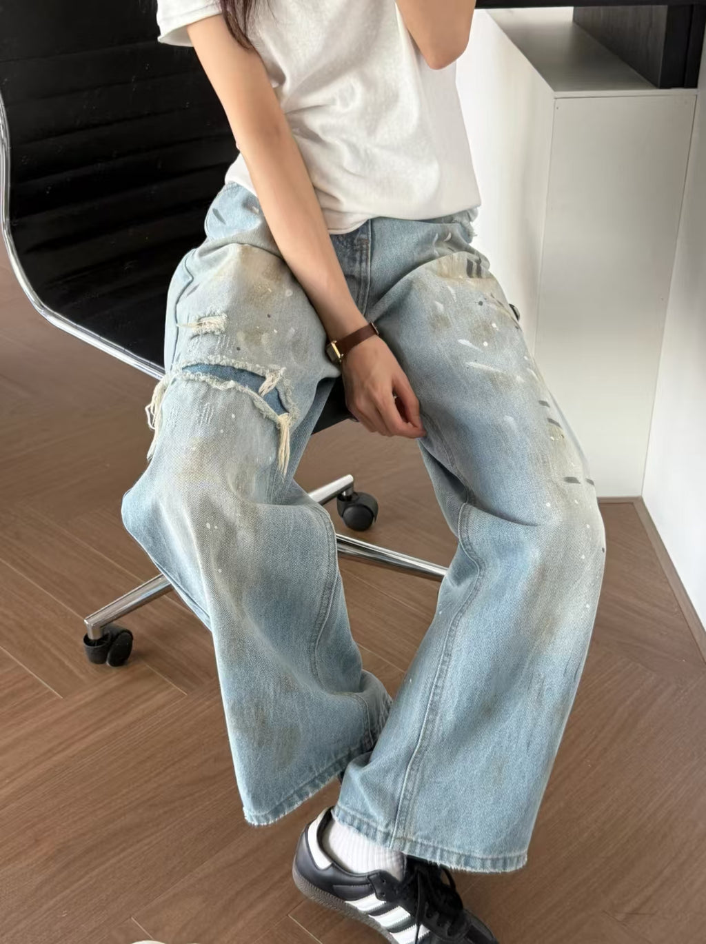 Distressed Paint Splatter Wide Leg Jeans - product specs