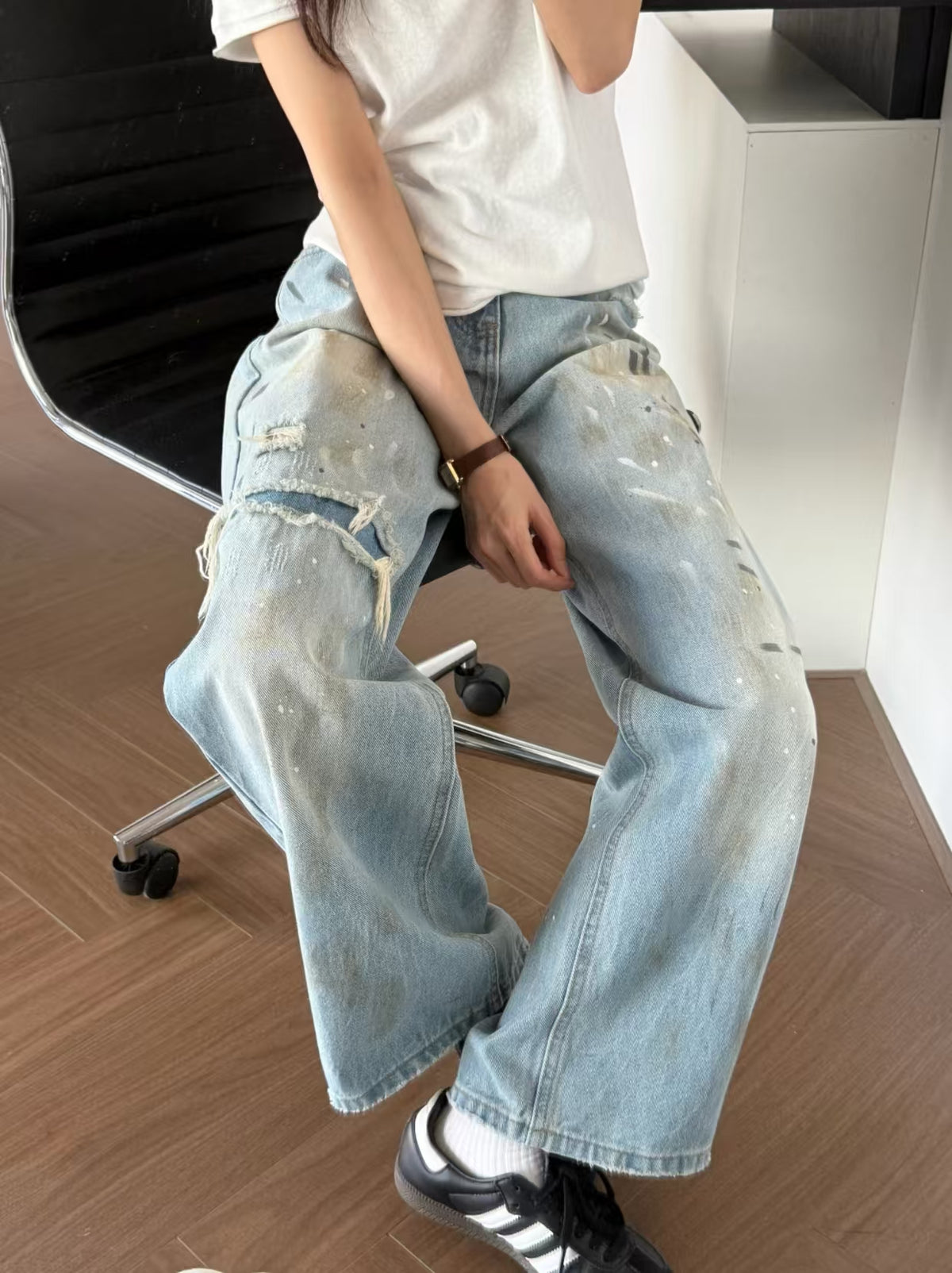 Distressed Paint Splatter Wide Leg Jeans - product specs