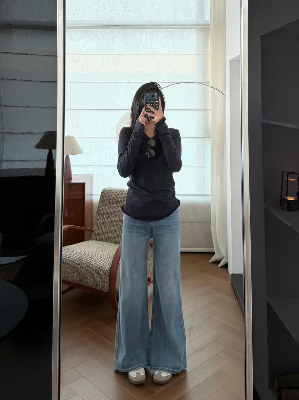 Side view of wide-leg flare jeans