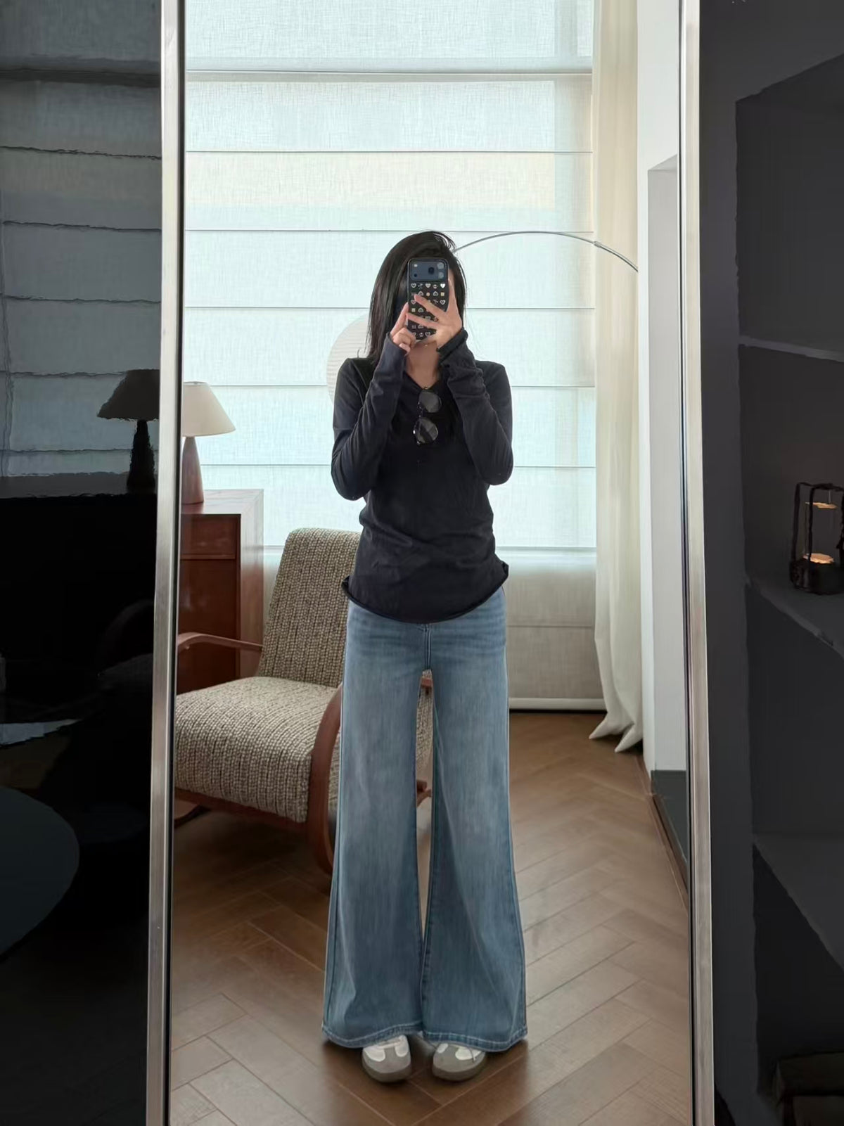 Side view of wide-leg flare jeans