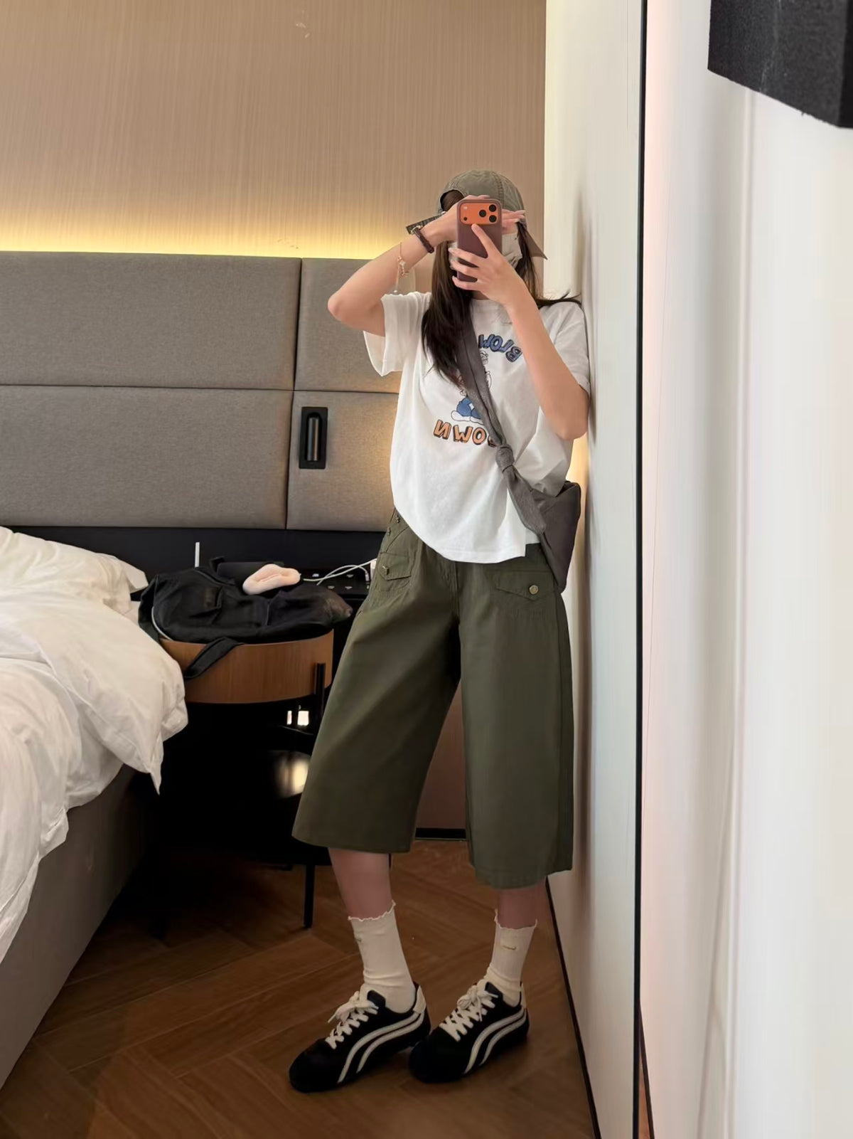 Army green cargo cropped pants outfit mirror shot