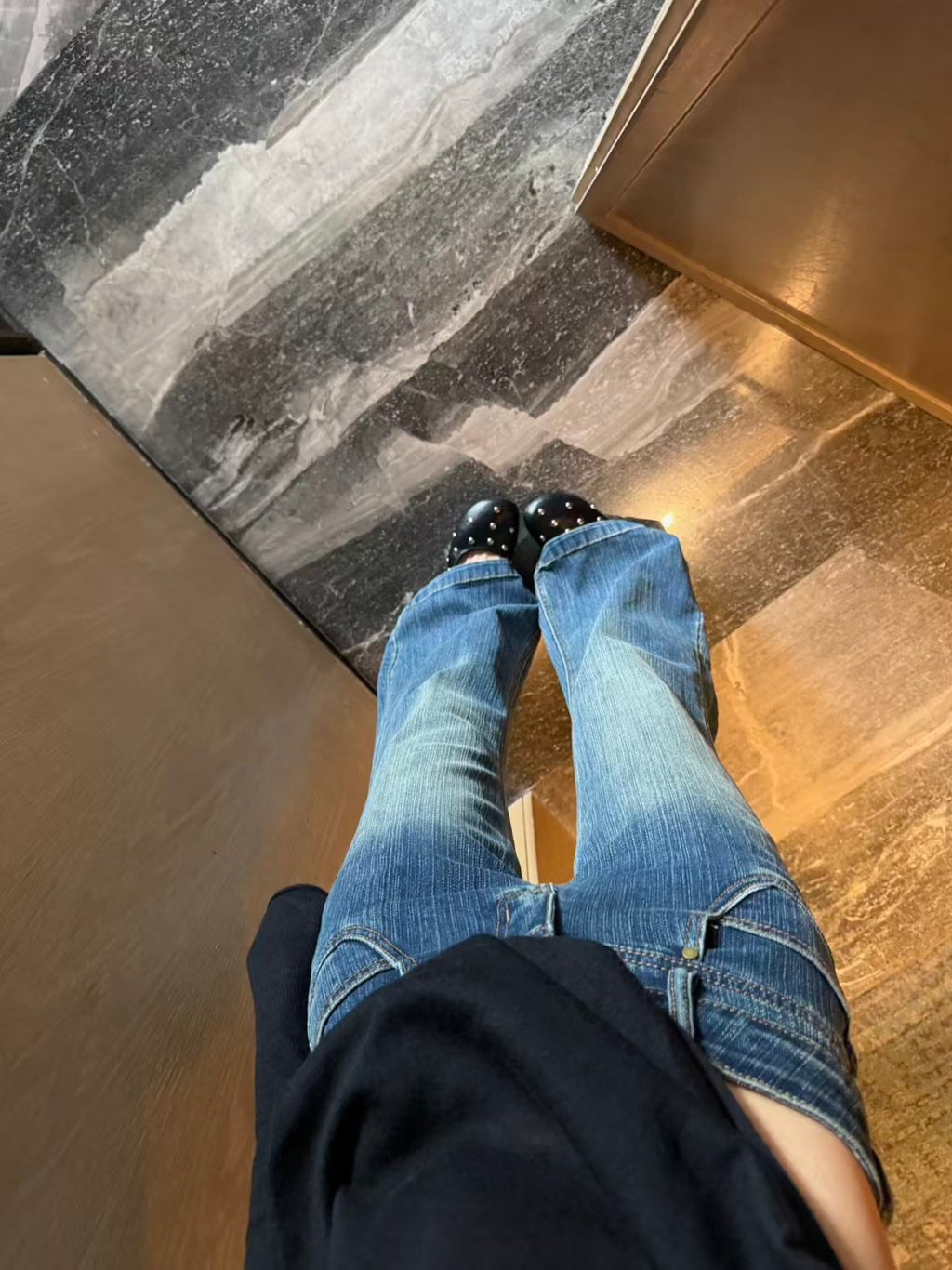 Low Rise Textured Flare Jeans - flare hem detail flat lay