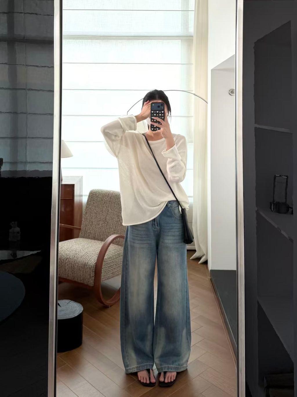 Oatmeal colorway with grey wide-leg trousers and polka-dot bag