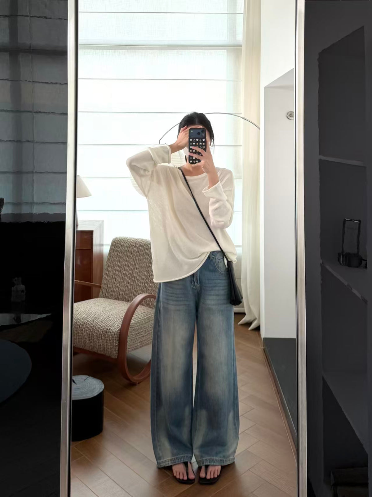 Oatmeal colorway with grey wide-leg trousers and polka-dot bag