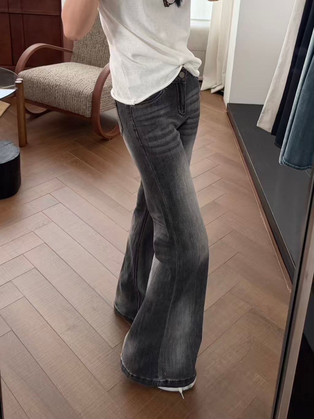 Vintage Wash Flare Jeans - front close up