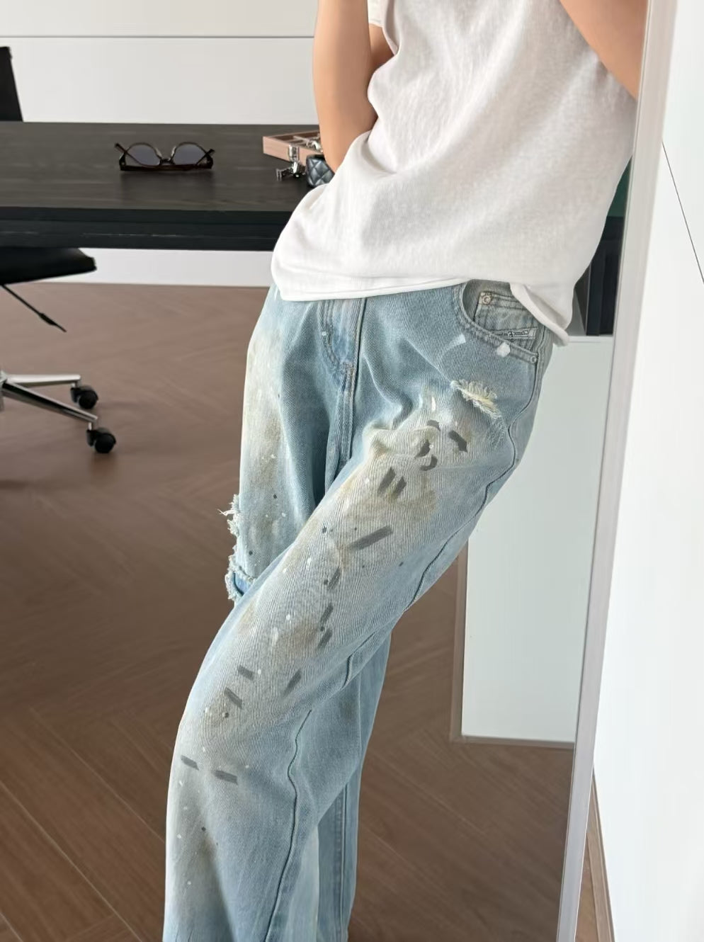 Distressed Paint Splatter Wide Leg Jeans - knee rip and hem detail