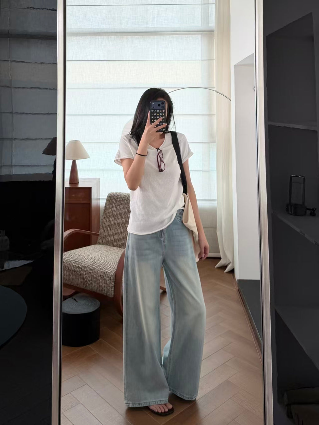 Dark navy wide-leg Tencel pants mirror shot