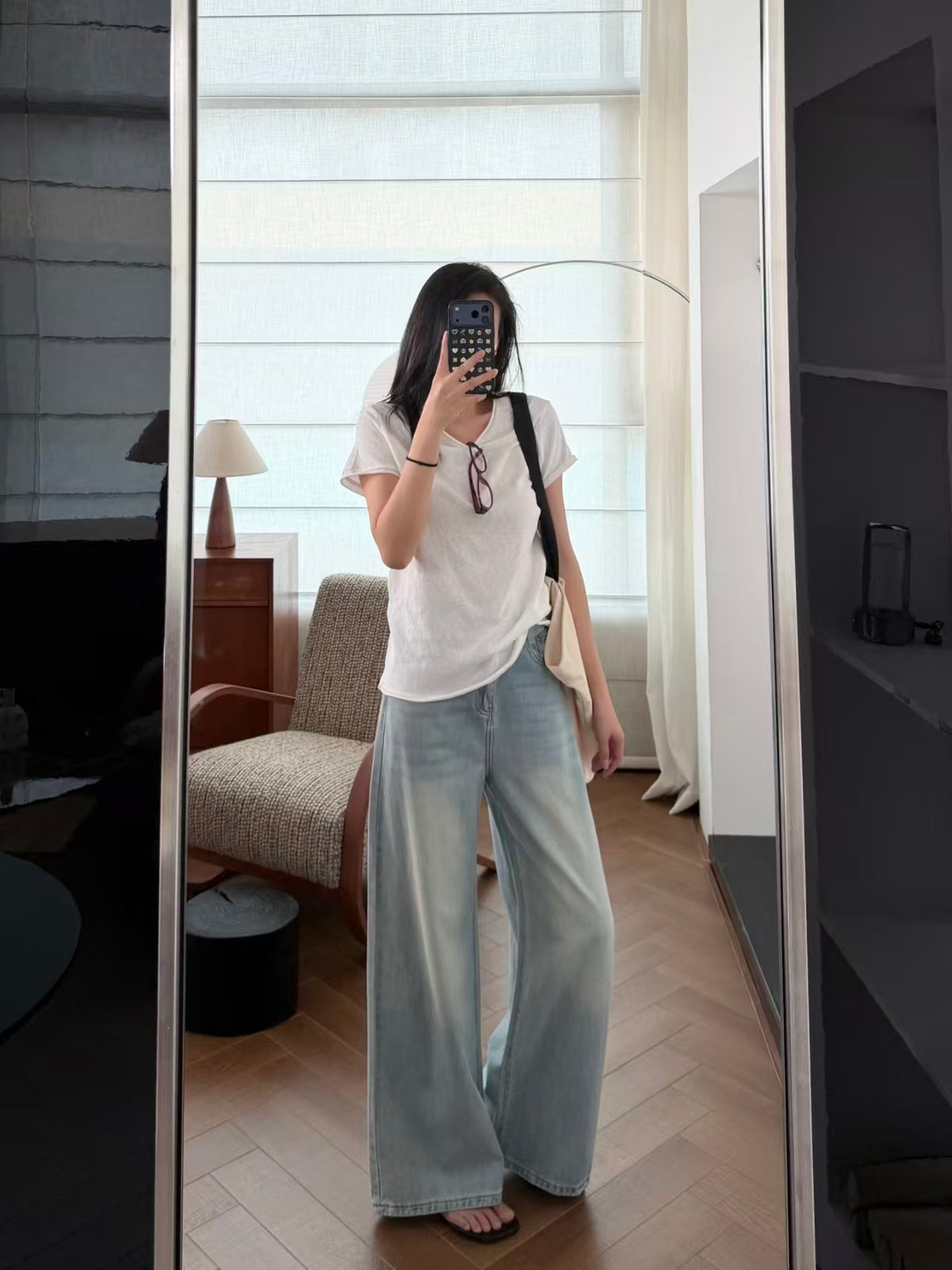 Dark navy wide-leg Tencel pants mirror shot