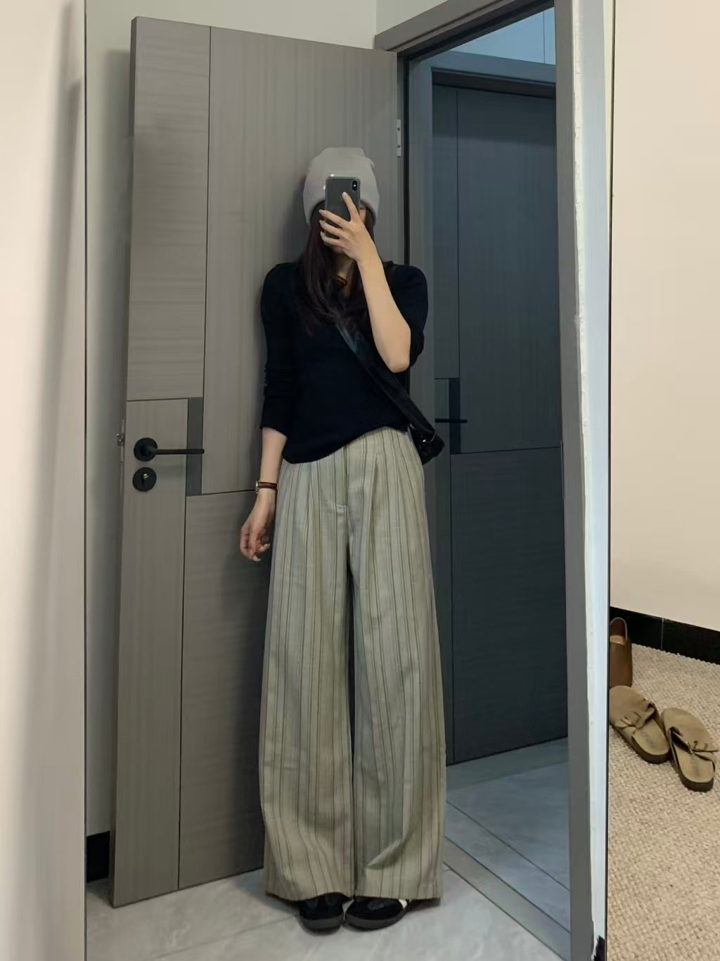 Oatmeal stripe wide-leg trousers full length front view