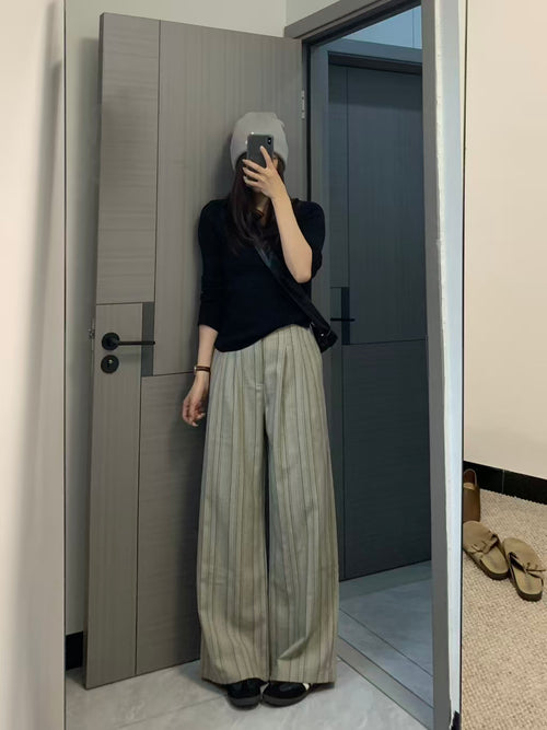 Oatmeal stripe wide-leg trousers full length front view