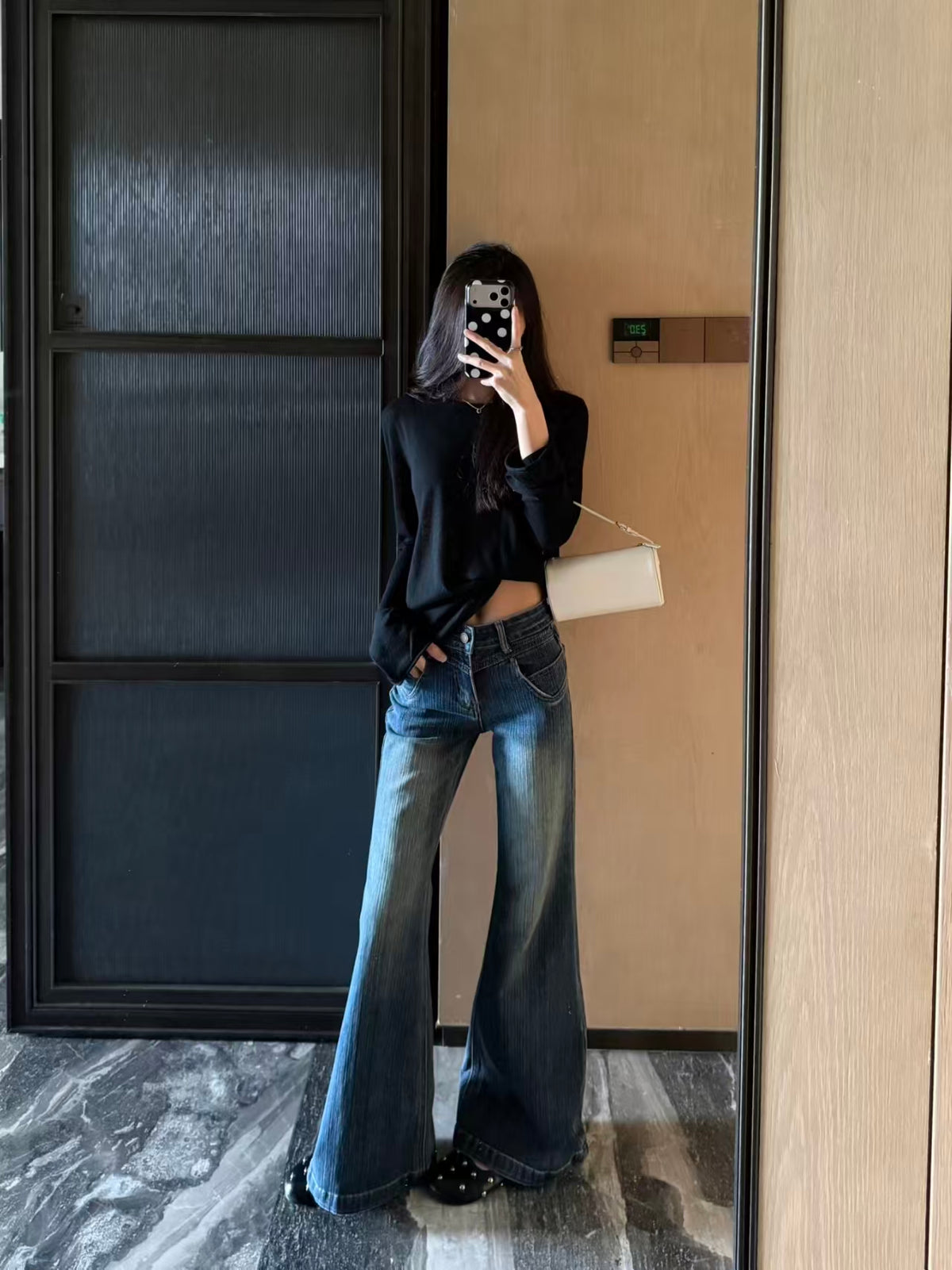 Low Rise Textured Flare Jeans - front waist detail