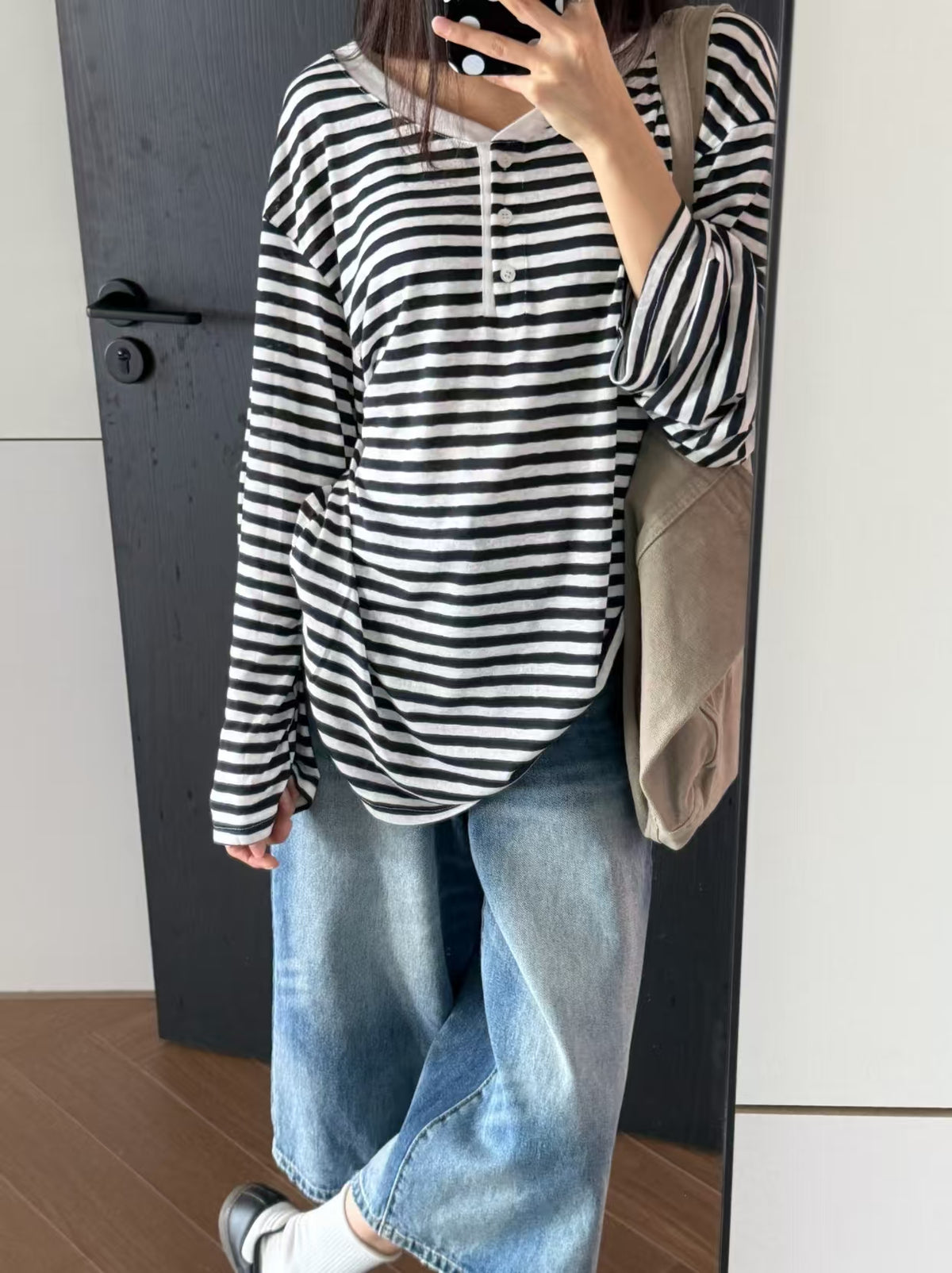 Striped Henley Long Sleeve Tee - mirror front view