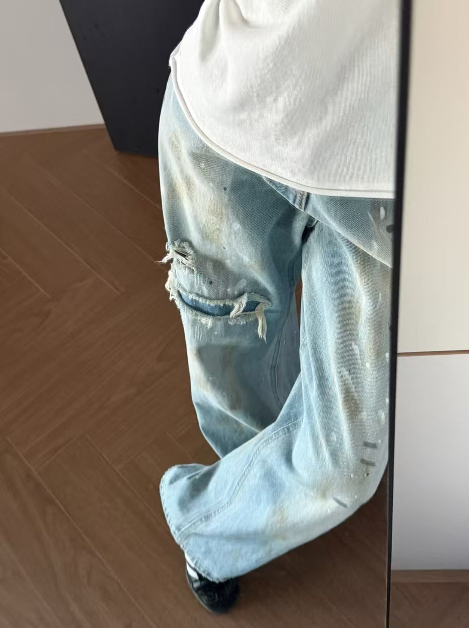 Distressed Paint Splatter Wide Leg Jeans - size chart