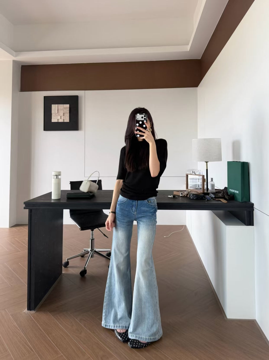 Low Rise Light Wash Flare Jeans - top down waist pocket detail