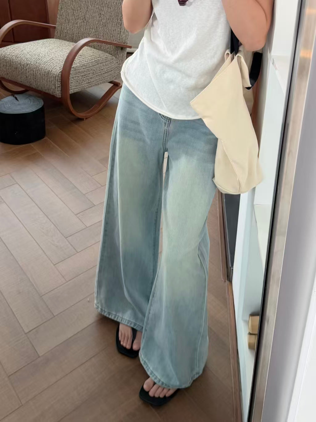 Sky blue wide-leg Tencel pants side view