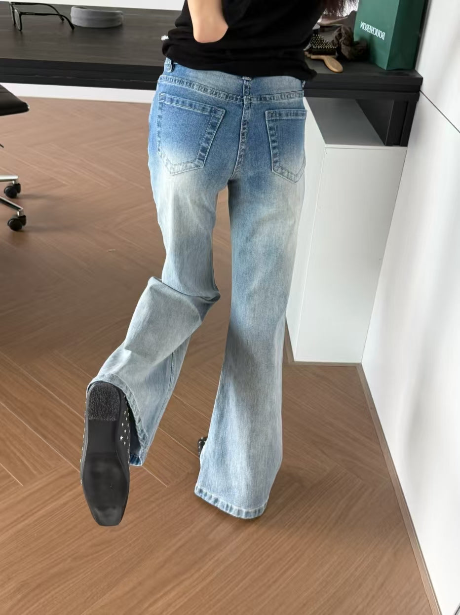 Low Rise Light Wash Flare Jeans - seated side view leg drape