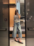 Low Rise Slub Wide Leg Cropped Jeans - mirror outfit shot full length
