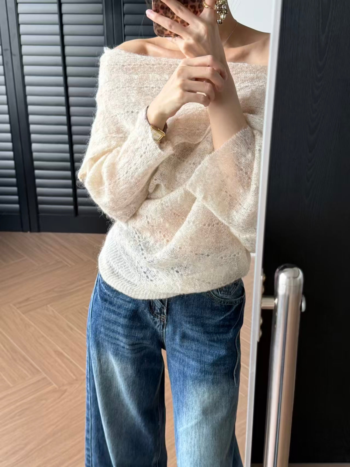 Off-shoulder hollow knit sweater - draped style