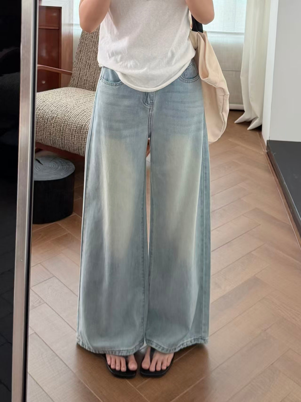 Sky blue wide-leg Tencel pants detail shot