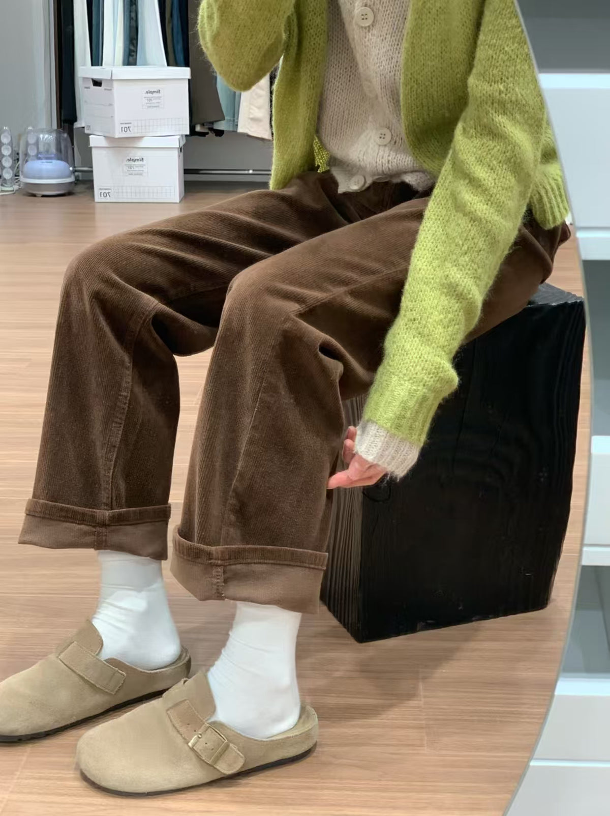High Waist Corduroy Wide Leg Pants - mirror full body front