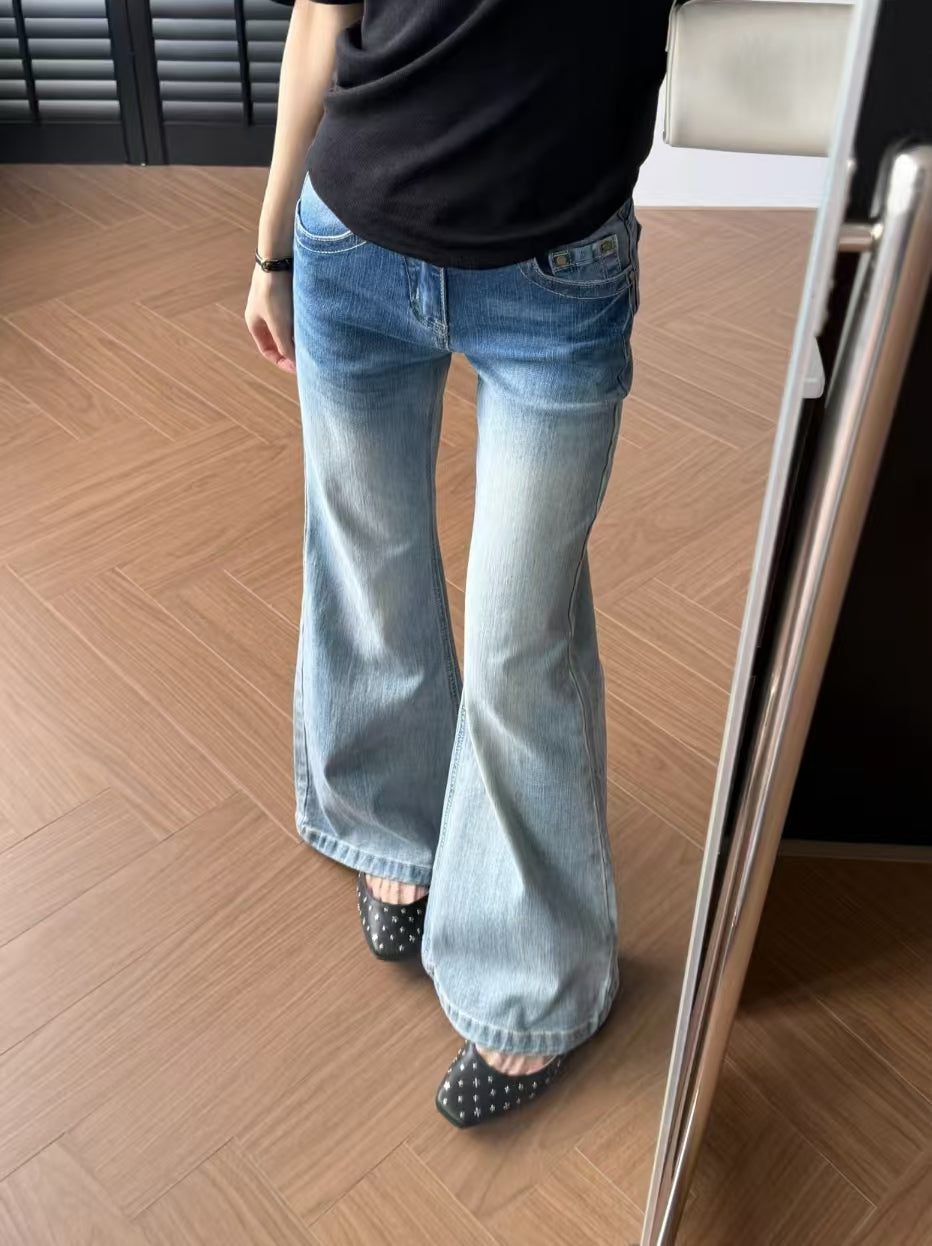 Low Rise Light Wash Flare Jeans - full body mirror shot front