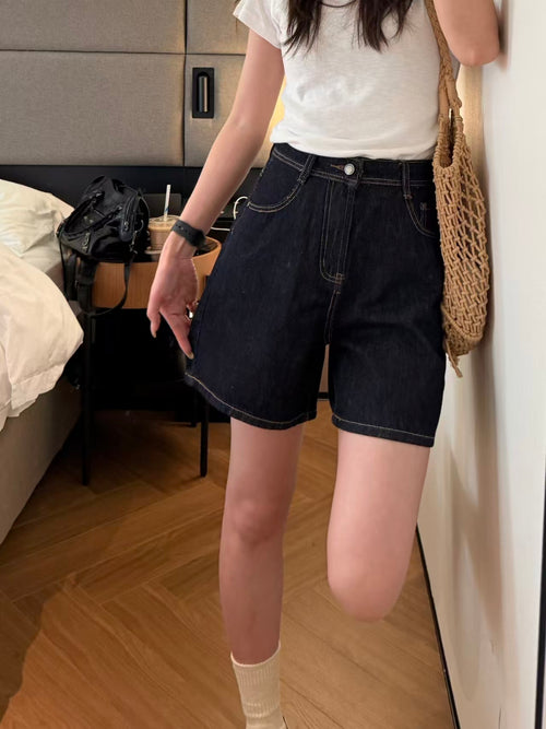 Raw indigo denim shorts mirror outfit shot front