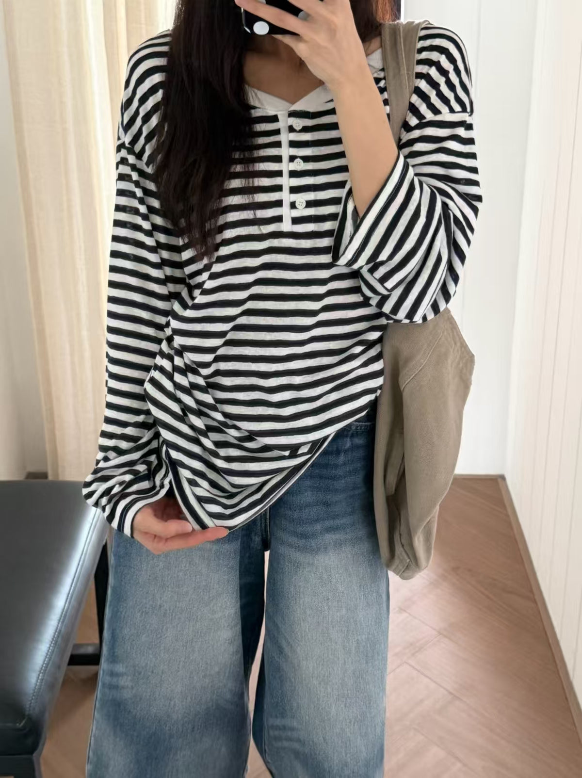 Striped Henley Long Sleeve Tee - mirror side full body