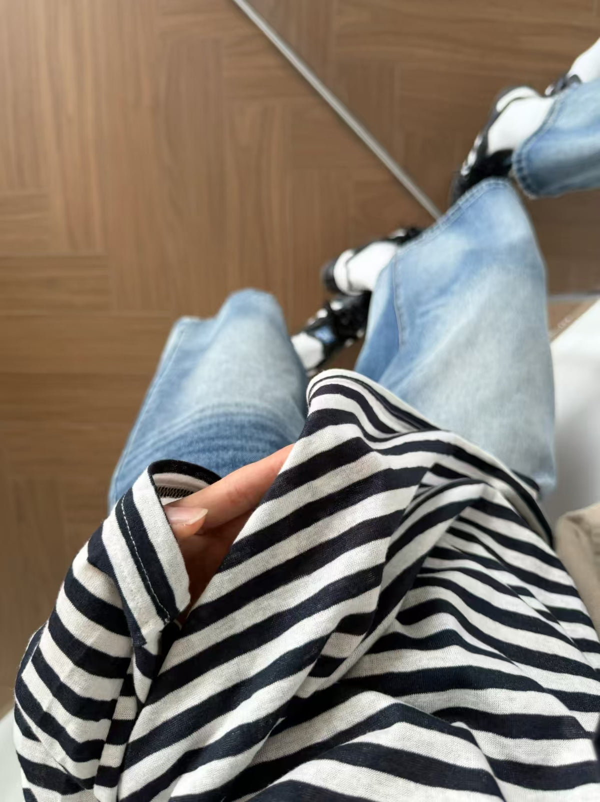 Striped Henley Long Sleeve Tee - sleeve cuff contrast trim close up