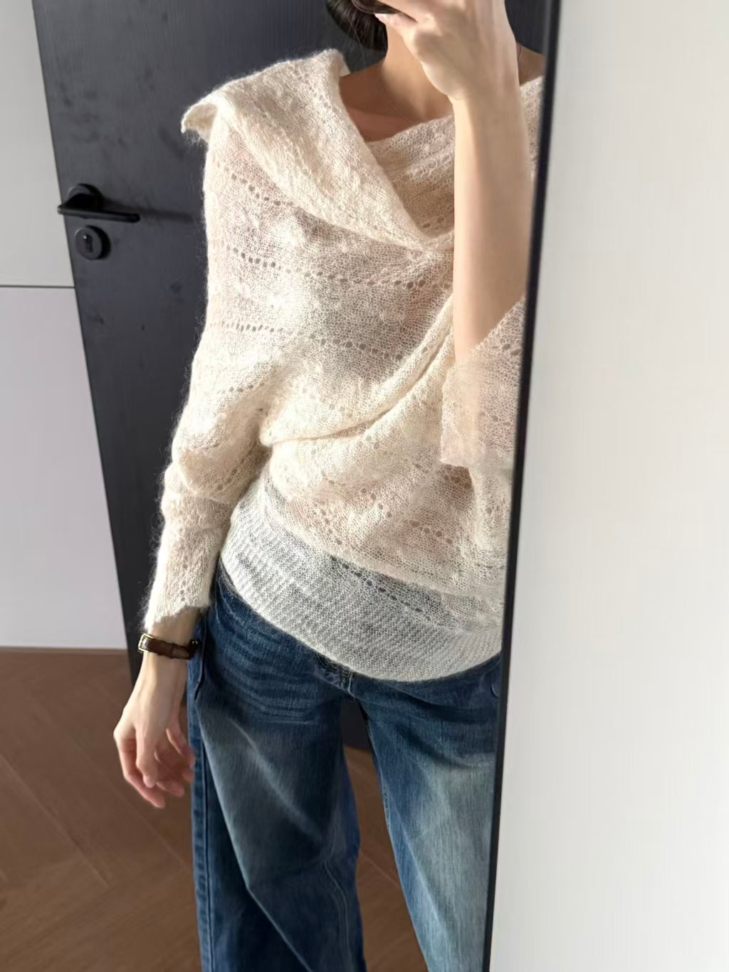 Off-shoulder hollow knit sweater - size chart
