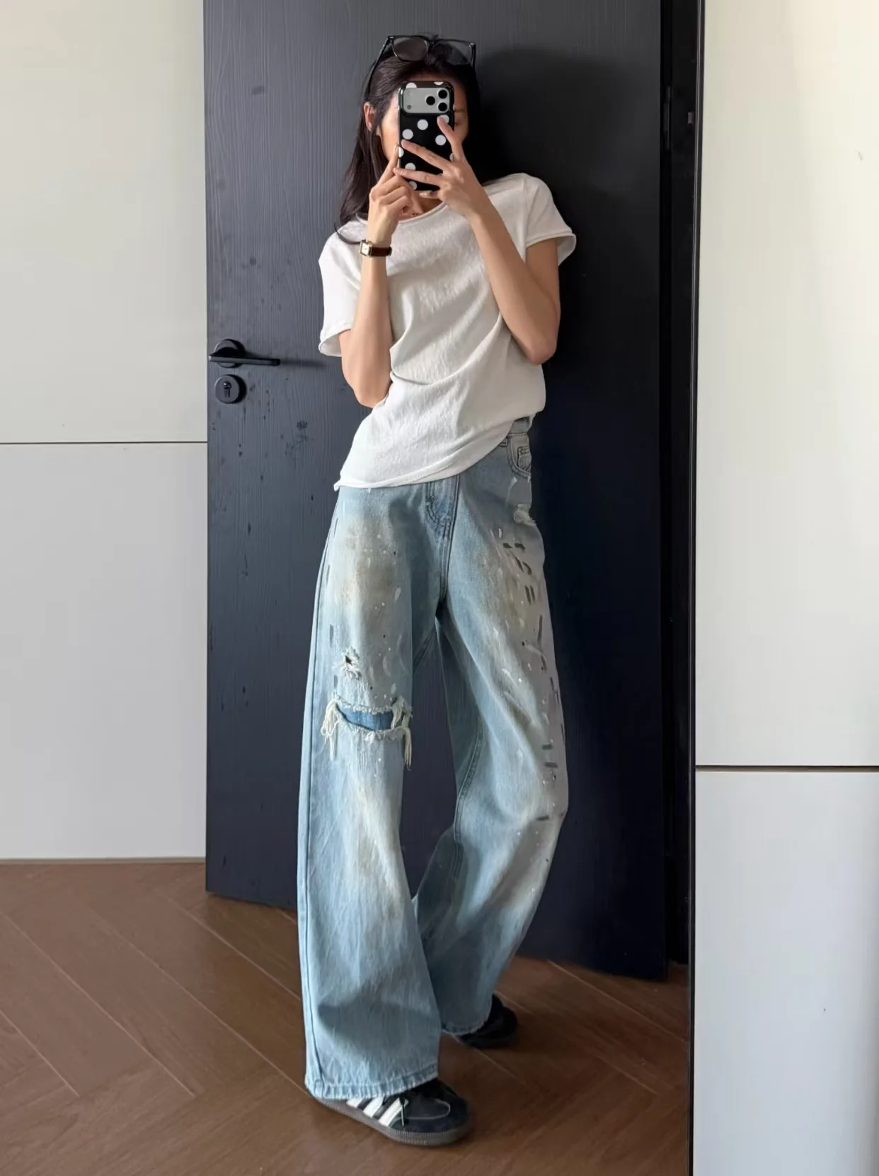Distressed Paint Splatter Wide Leg Jeans - kcplan
